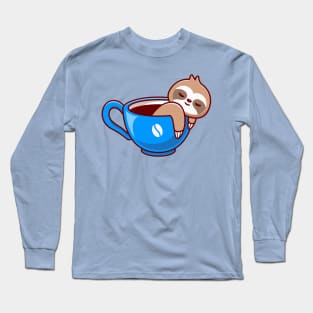 Cute Sloth With Coffee Cup Cartoon Long Sleeve T-Shirt